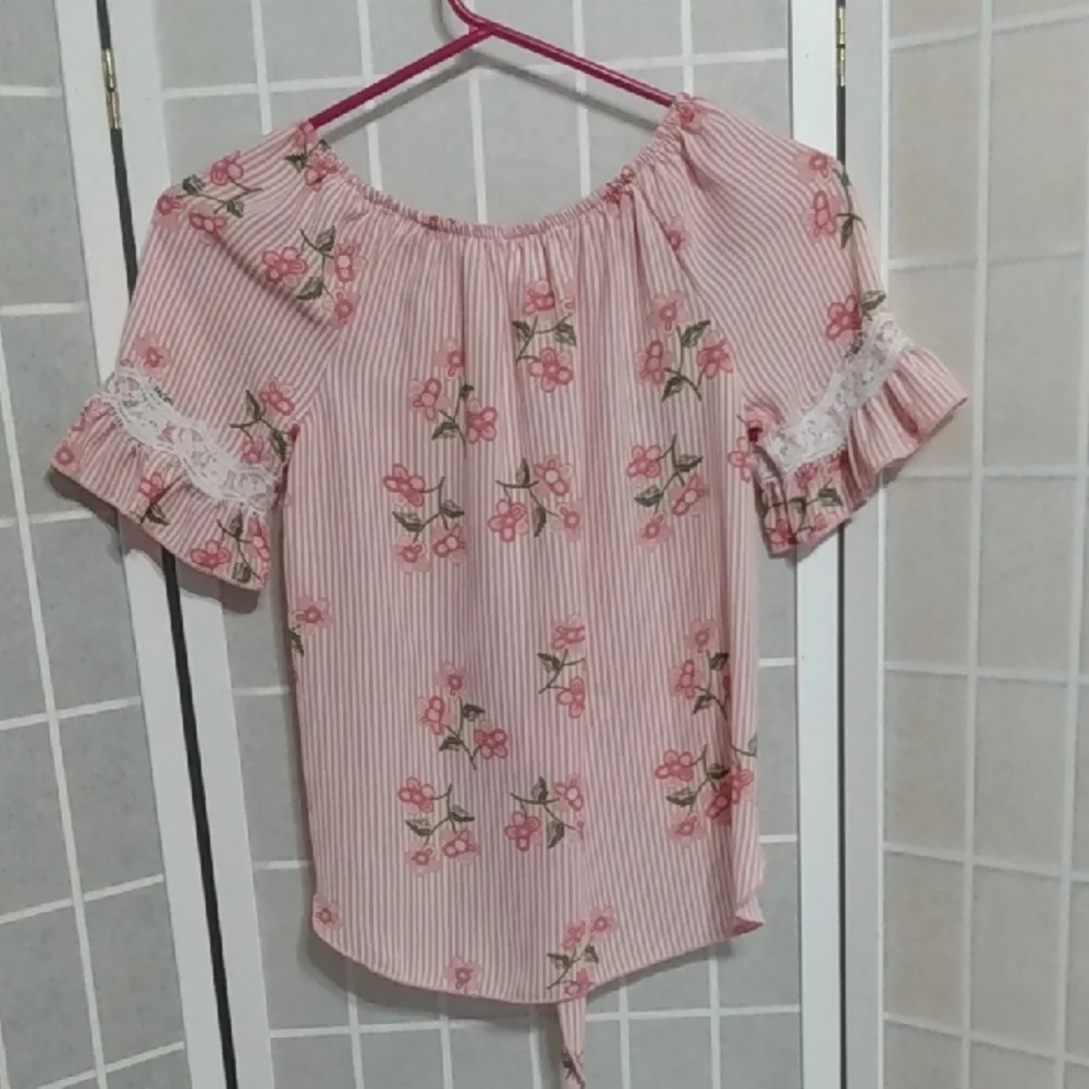 Lily Bleu Girls Pink‎ Stripe Floral Tie Front Top Size L 14